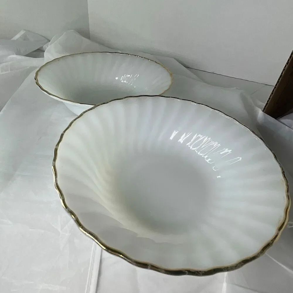 Fire-King lot of 2 serving bowls swirl design 22K trim